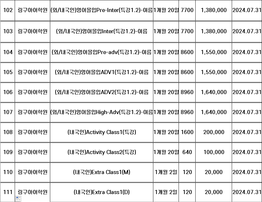 링구아어학원 교습비